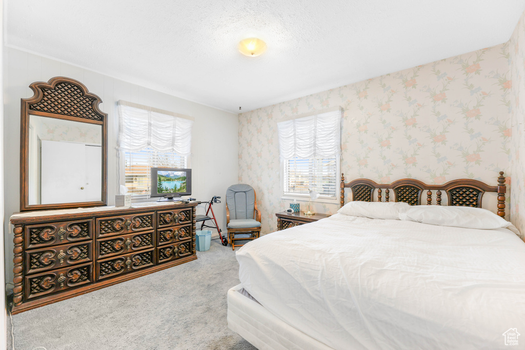 Bedroom with carpet floors, a textured ceiling, and multiple windows