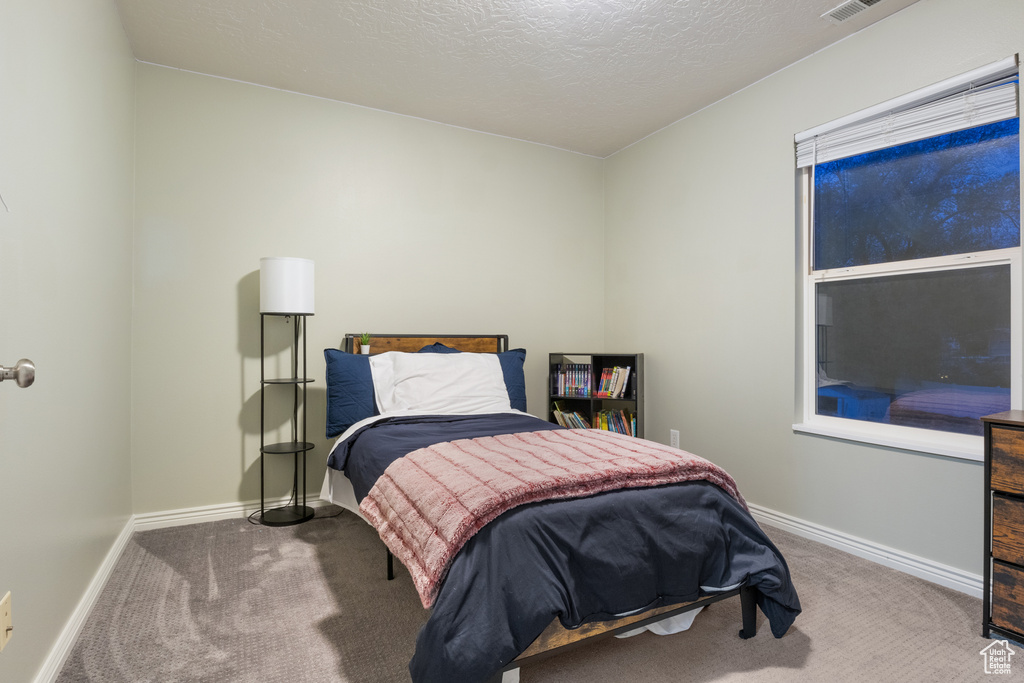 Carpeted bedroom with a textured ceiling
