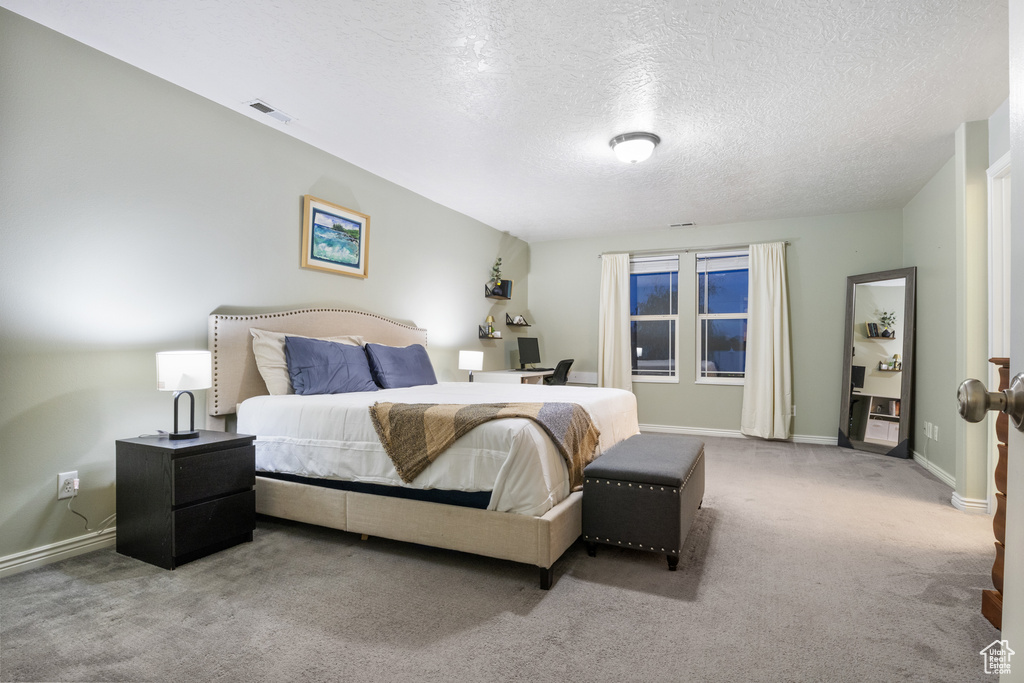 Bedroom featuring carpet and a textured ceiling