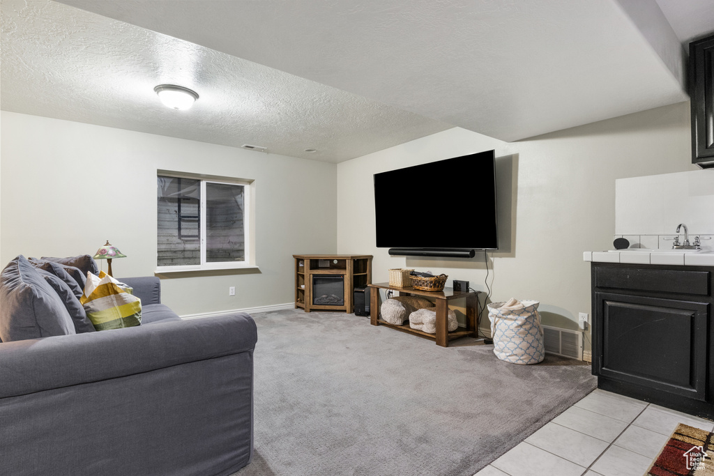 Living room featuring sink, light colored carpet, and a textured ceiling