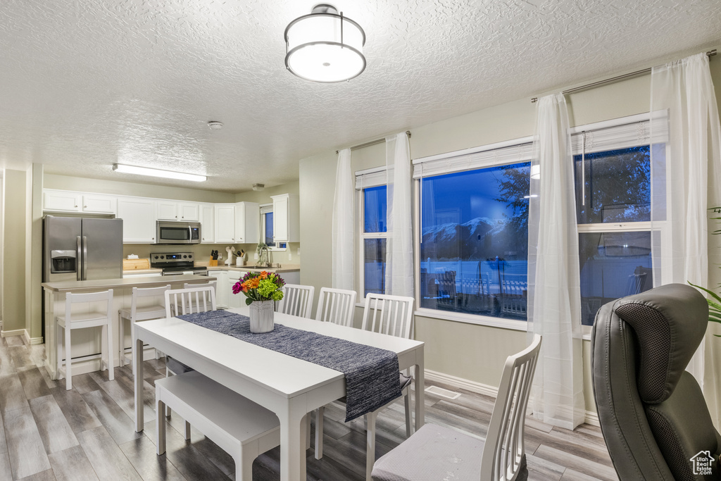 Dining space with light hardwood / wood-style flooring, a textured ceiling, and sink