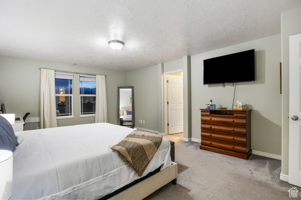 Carpeted bedroom featuring a textured ceiling