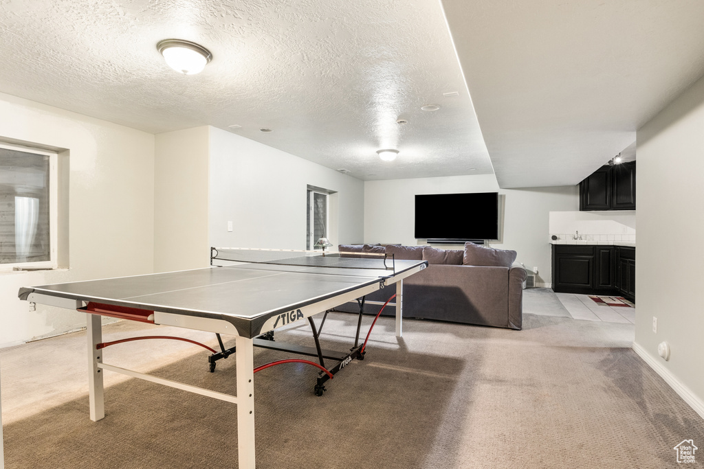 Playroom featuring a textured ceiling and light colored carpet