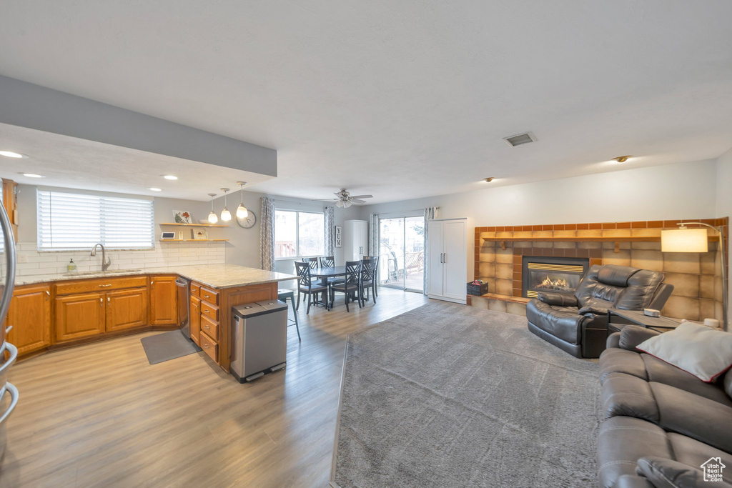 Living room with a fireplace, ceiling fan, sink, and light hardwood / wood-style floors