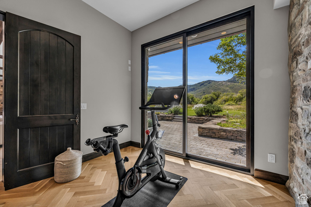 Exercise area featuring a mountain view and light parquet floors