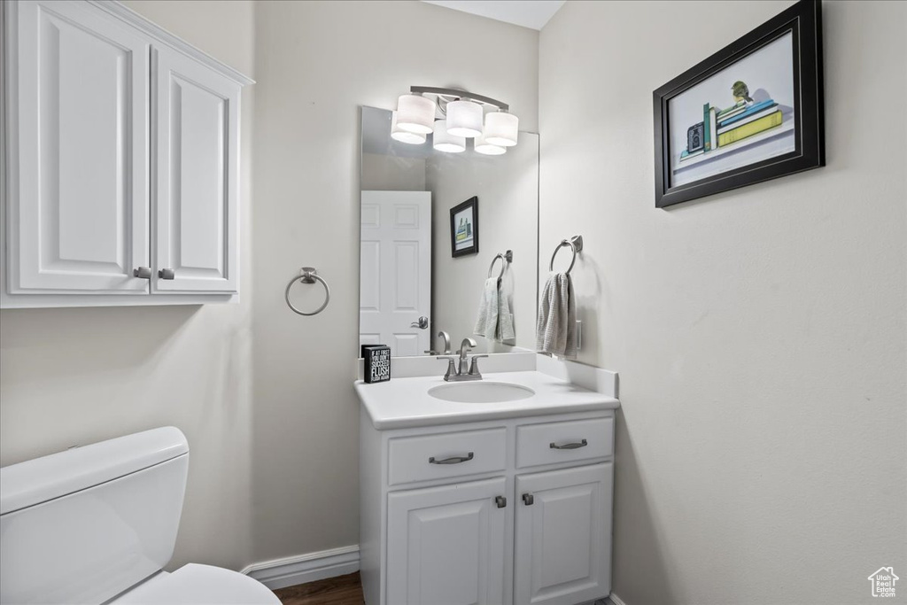 Bathroom featuring vanity, hardwood / wood-style flooring, and toilet