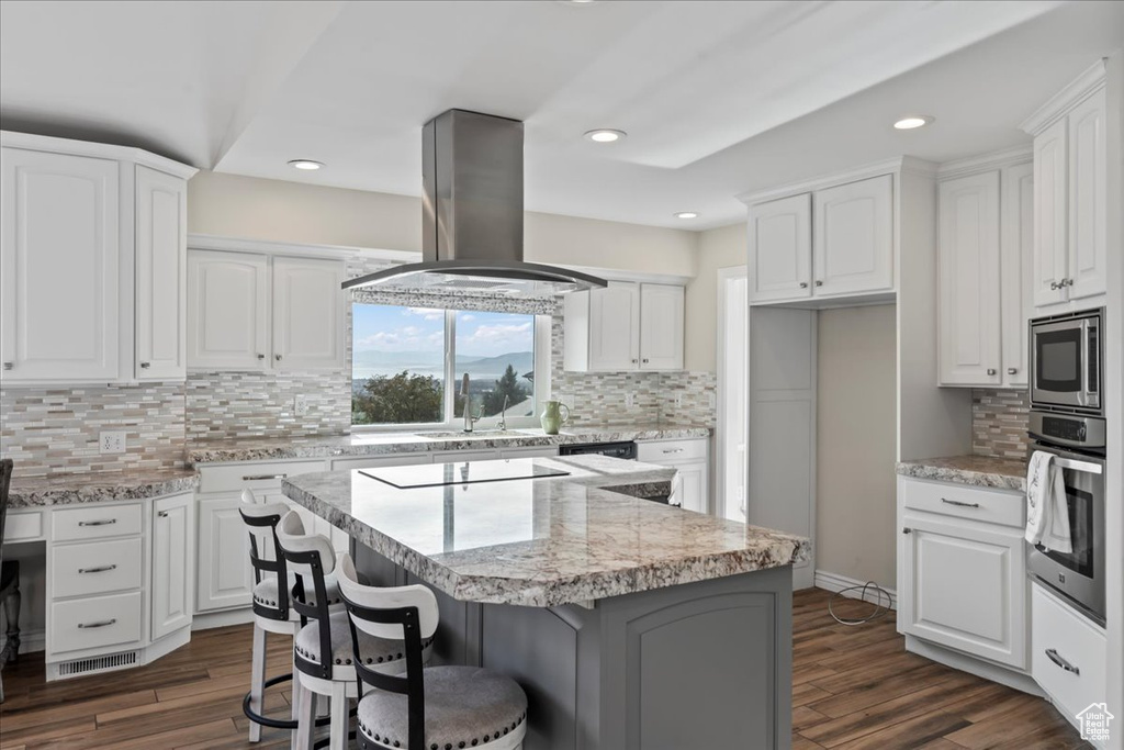 Kitchen with island range hood, stainless steel appliances, white cabinets, a center island, and dark hardwood / wood-style floors