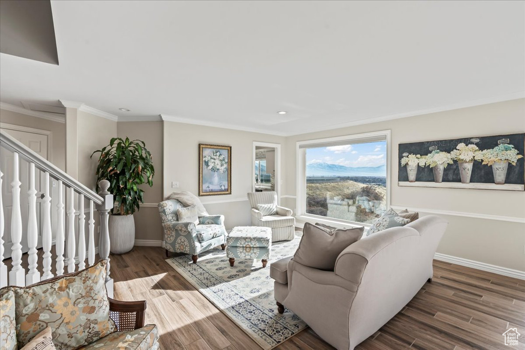 Living room featuring hardwood / wood-style flooring and crown molding