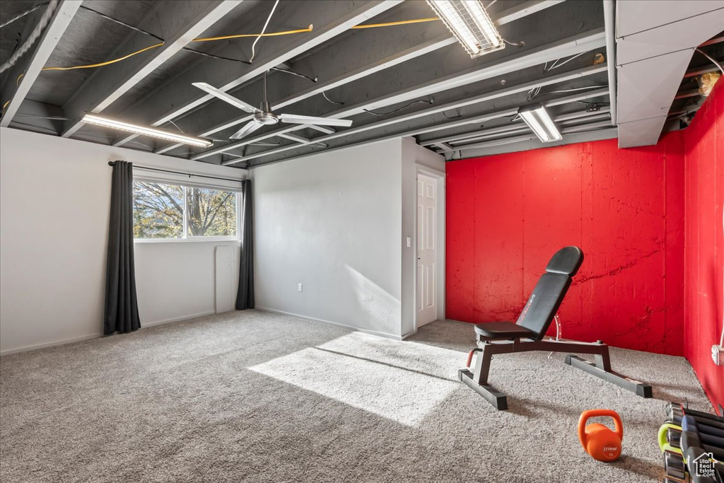 Workout room featuring carpet flooring