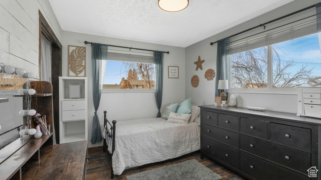 Bedroom featuring multiple windows and dark hardwood / wood-style floors