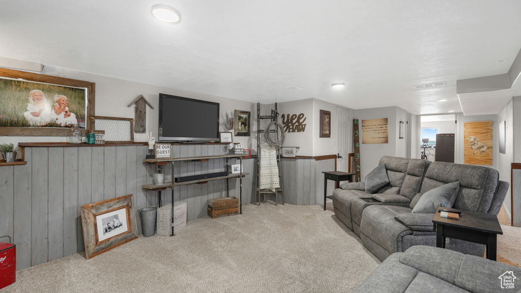 Living room featuring light colored carpet and wooden walls