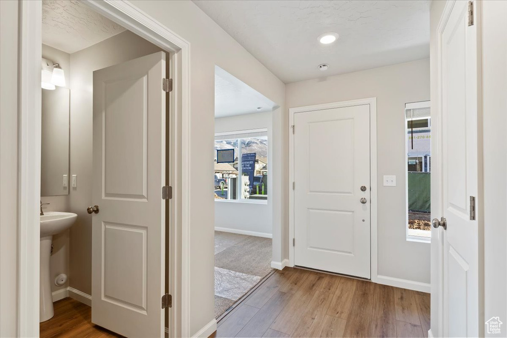Entryway with baseboards and wood finished floors