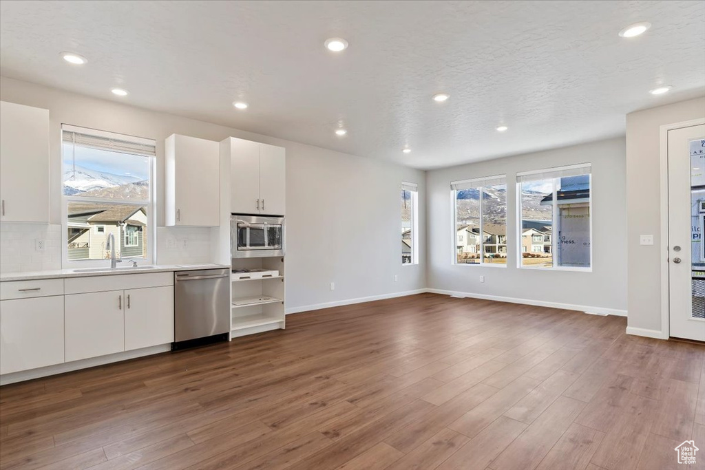 Kitchen with plenty of natural light, a sink, stainless steel appliances, and dark wood finished floors