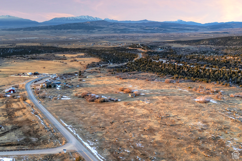 Aerial view at dusk with a mountain view