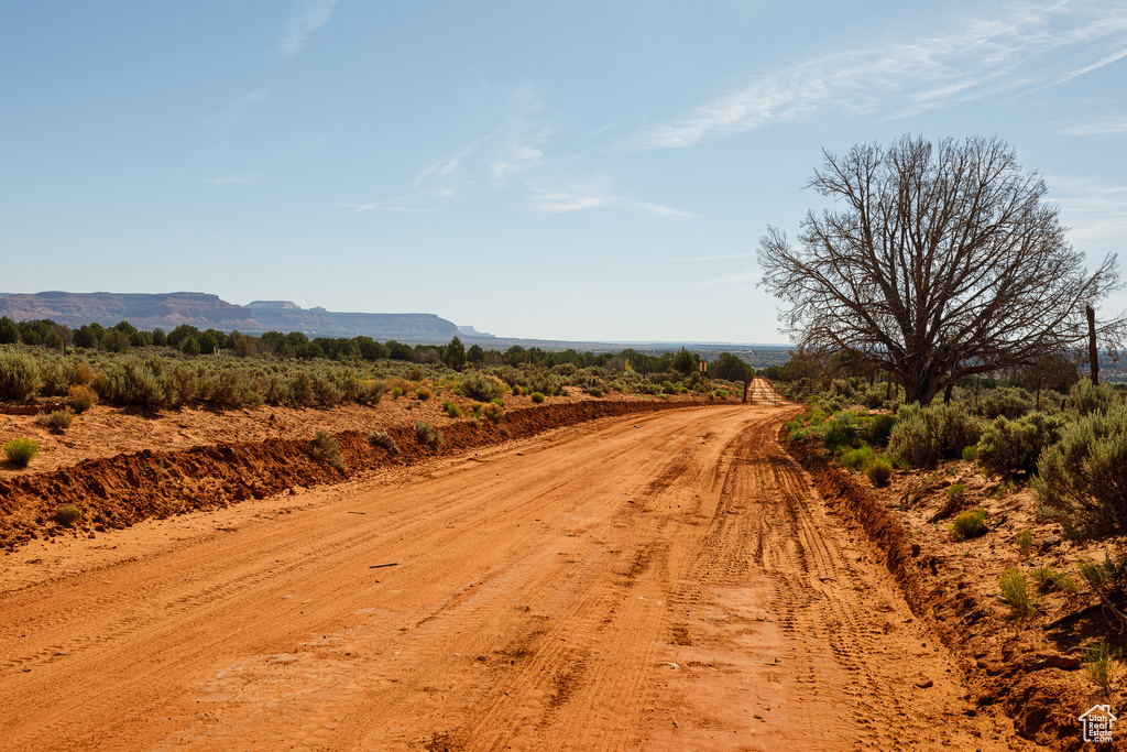 View of dirt / gravel road with a mountain view and a rural view