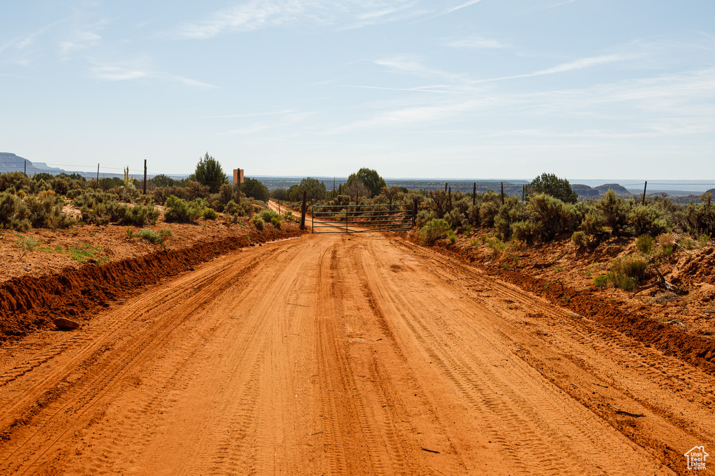 View of dirt / gravel road with a rural view