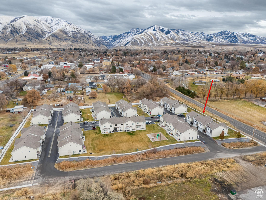 Aerial view featuring a mountain view