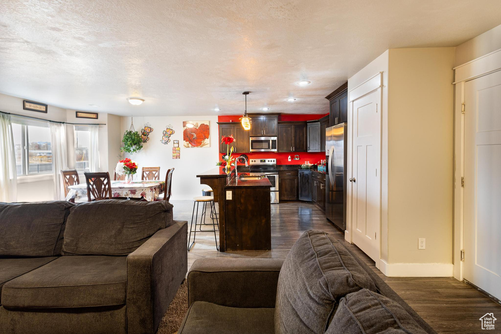 Living room featuring dark hardwood / wood-style flooring, a textured ceiling, and sink