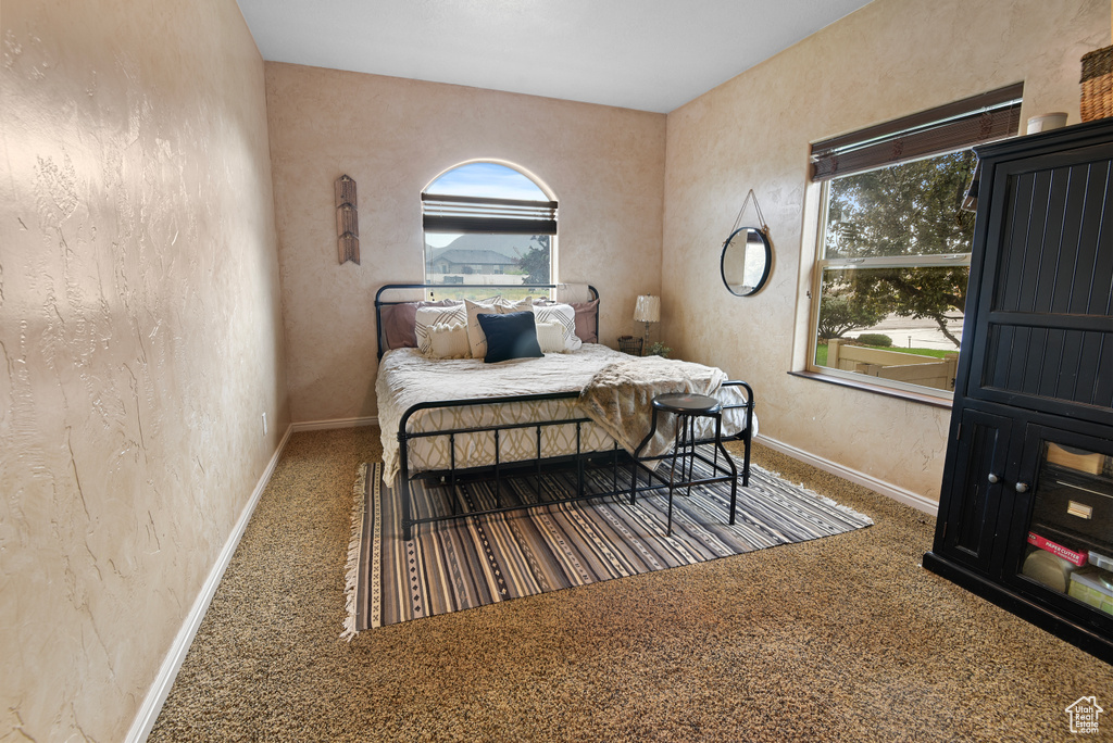 Carpeted bedroom featuring multiple windows
