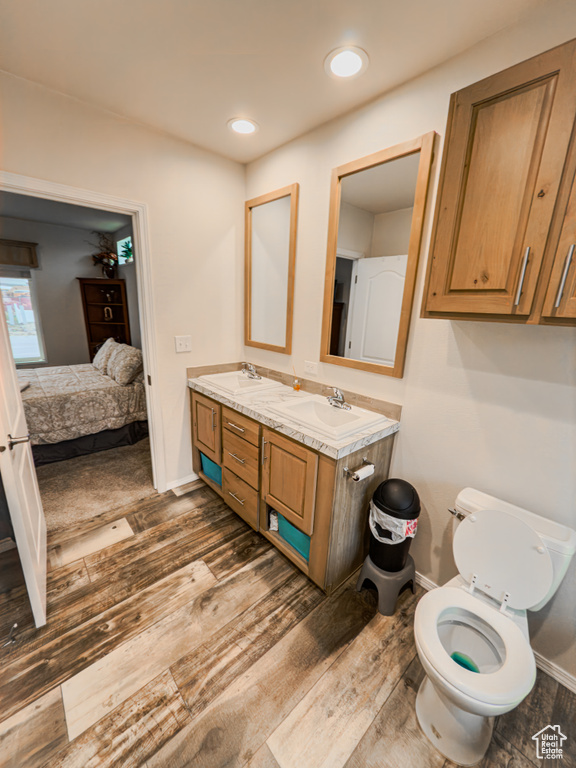 Bathroom featuring wood-type flooring, vanity, and toilet