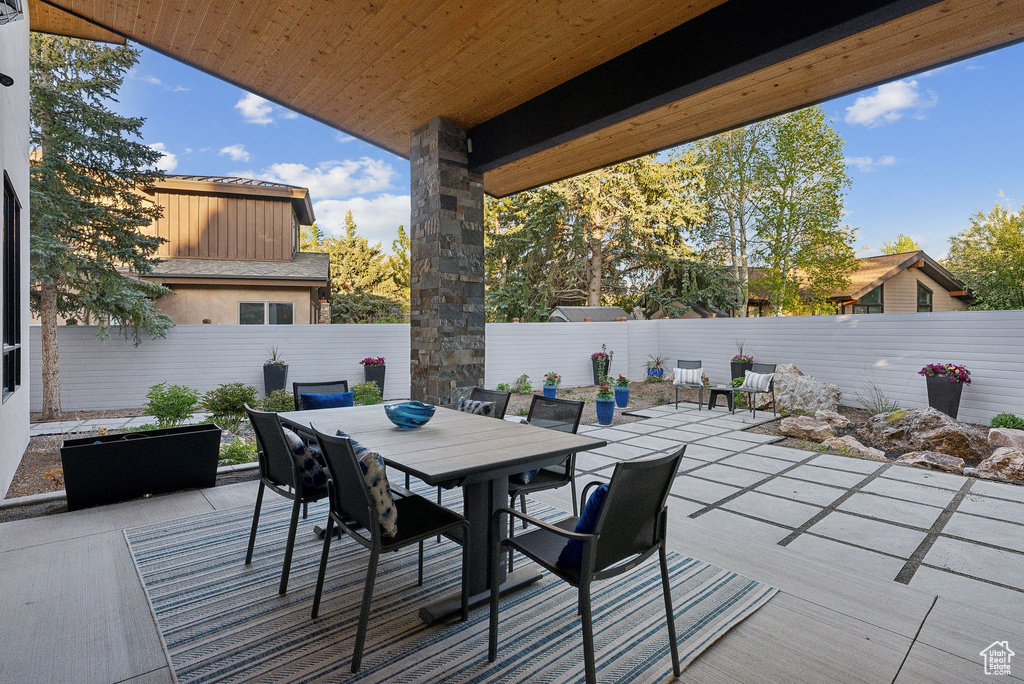 Fenced backyard featuring a patio area and outdoor dining area
