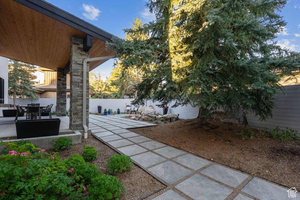 Fenced backyard with a patio