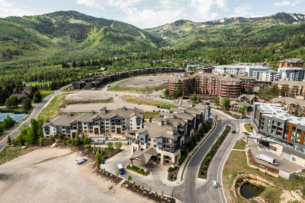 Aerial overview of property's location with mountains