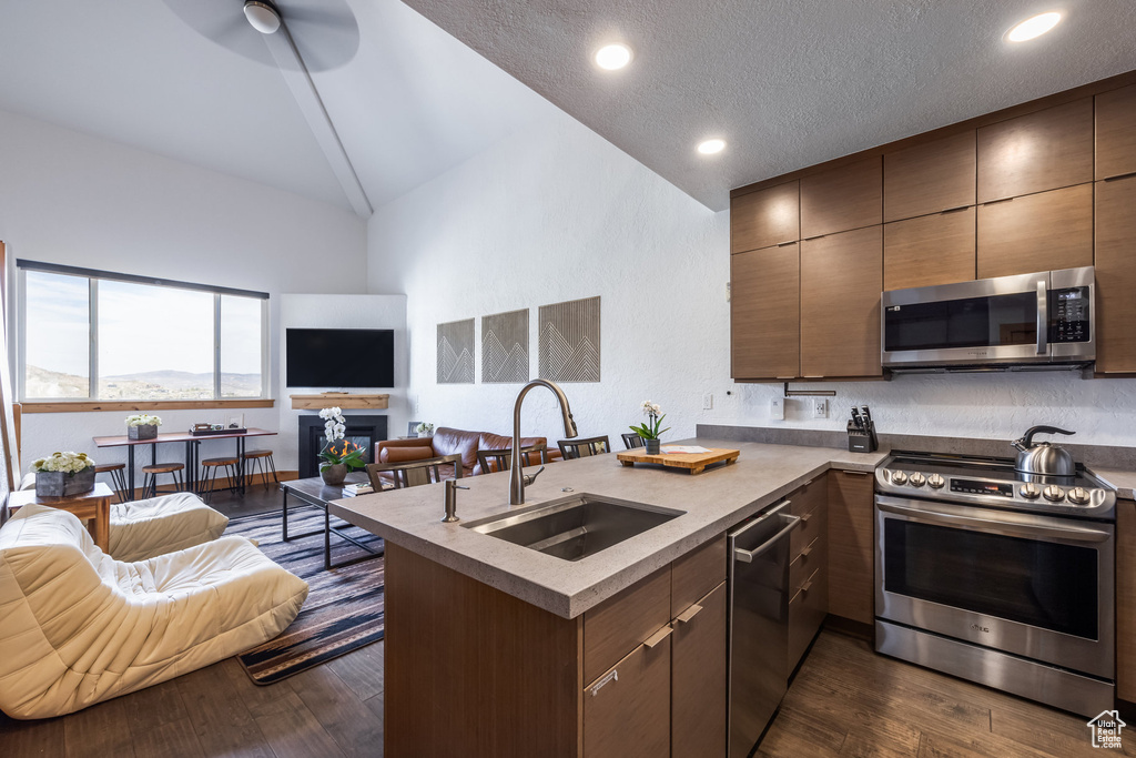 Kitchen featuring stainless steel appliances, a sink, open floor plan, a peninsula, and dark wood-style floors