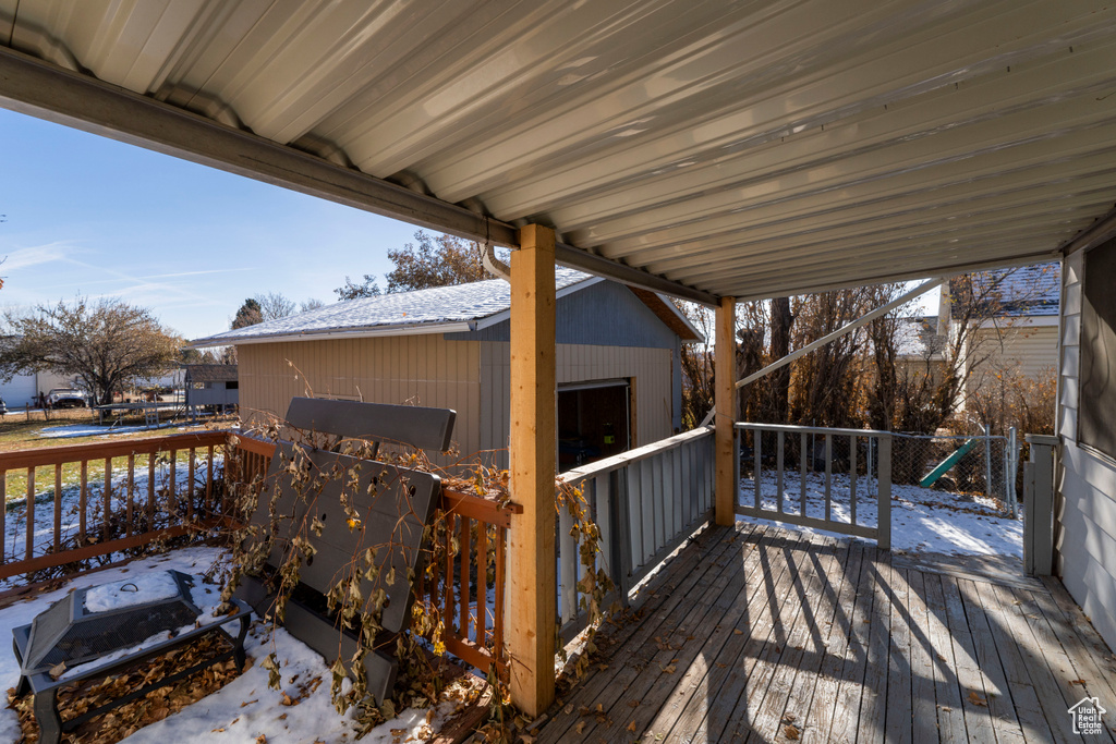 View of snow covered deck