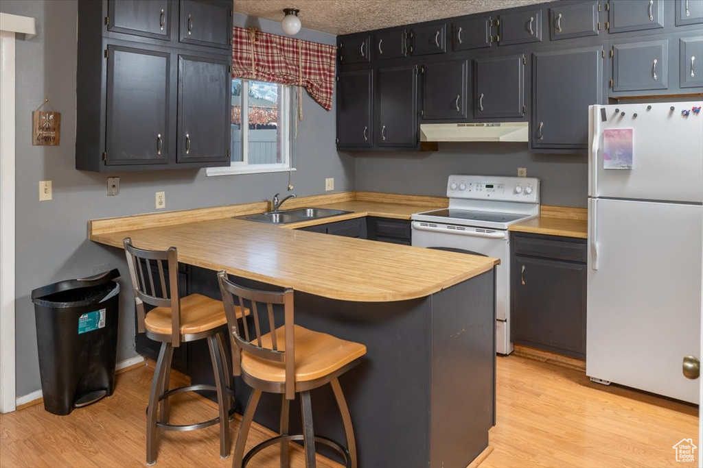 Kitchen with kitchen peninsula, a kitchen breakfast bar, light wood-type flooring, electric range, and white fridge