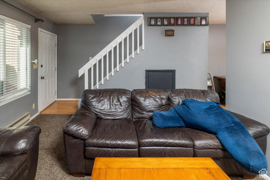 Carpeted living room with baseboard heating and a textured ceiling