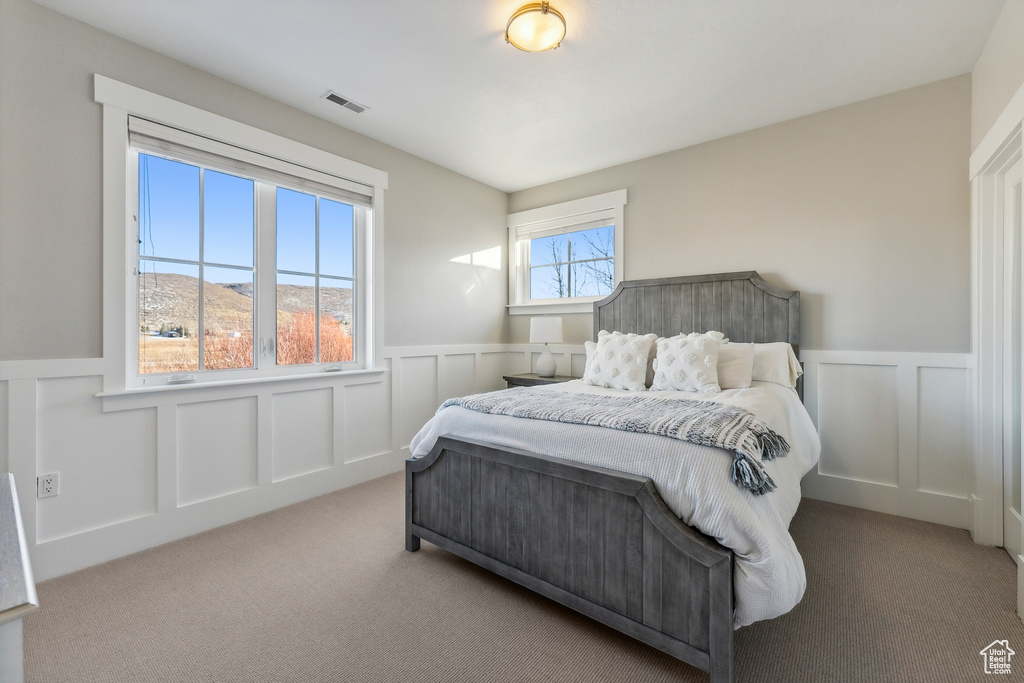 Carpeted bedroom featuring a mountain view and multiple windows
