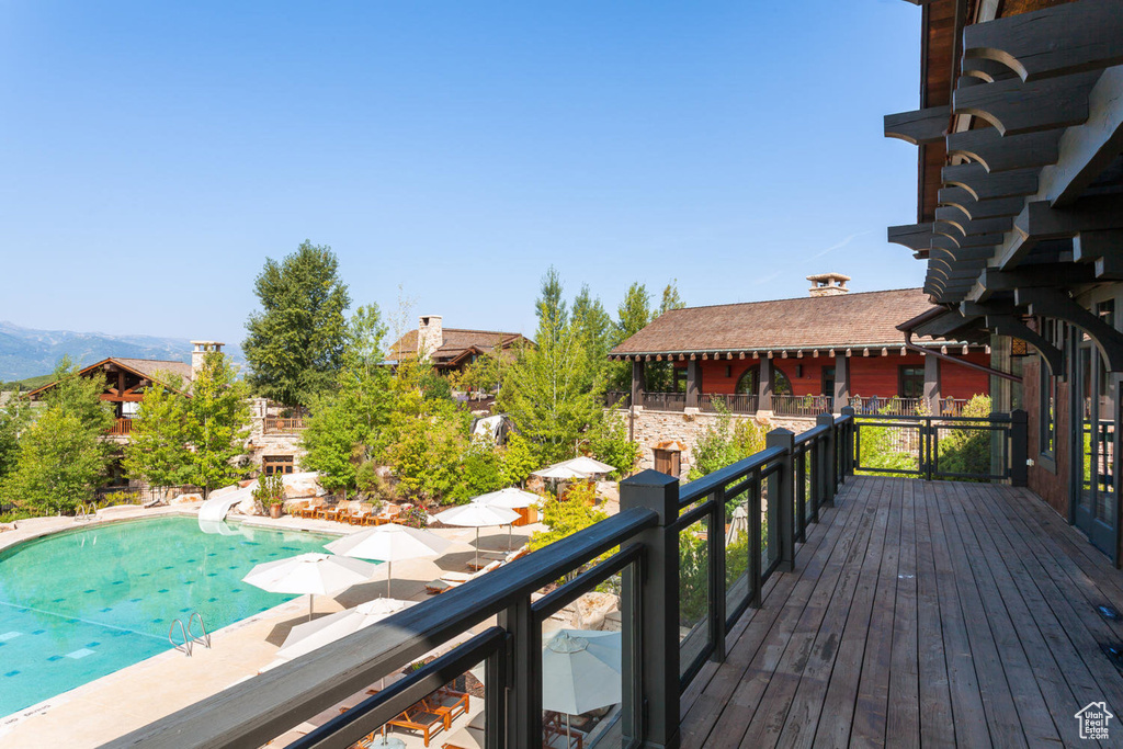 Wooden terrace with a mountain view