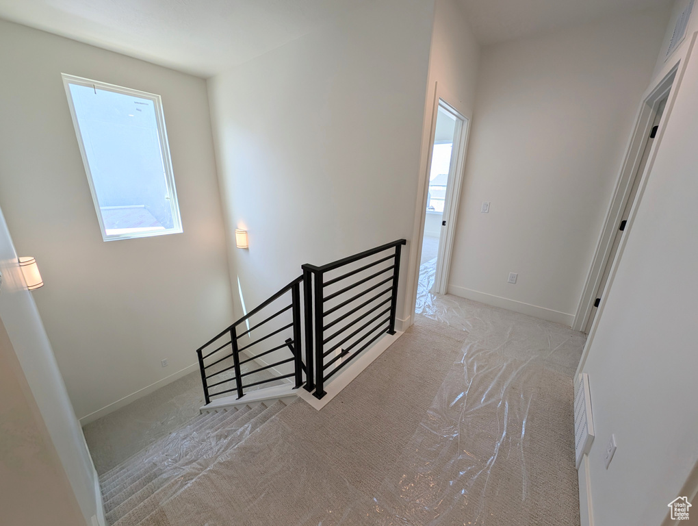 Staircase featuring plenty of natural light, carpet flooring, and baseboards