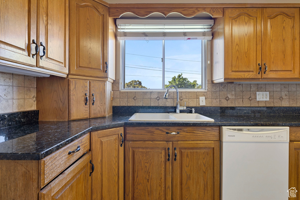 Kitchen with dark stone countertops, decorative backsplash, dishwasher, and sink