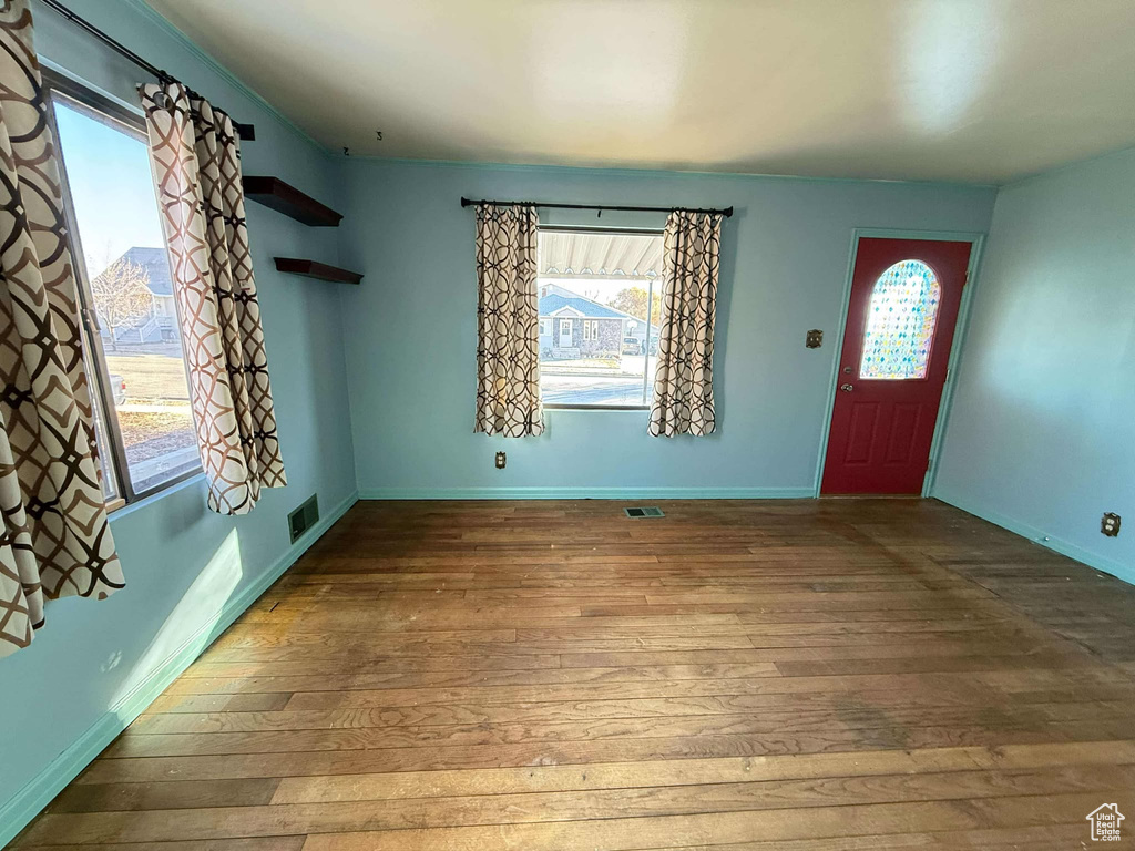 Foyer entrance featuring wood-type flooring and a healthy amount of sunlight