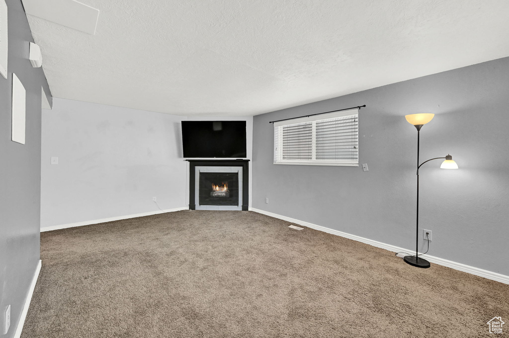 Unfurnished living room featuring carpet floors and a textured ceiling