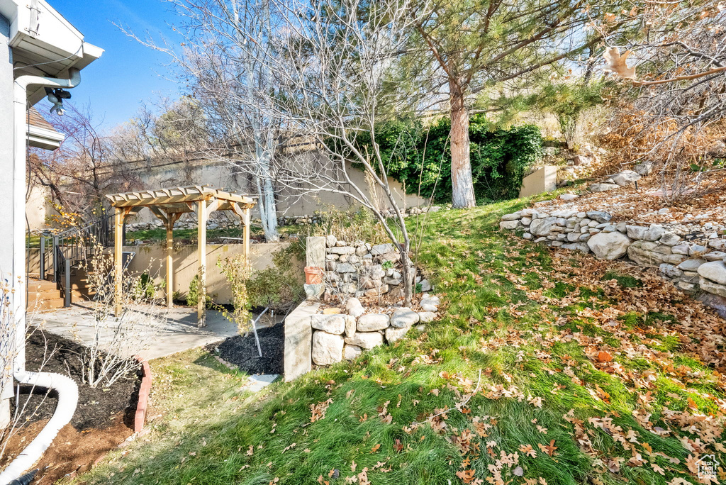 View of yard with a pergola