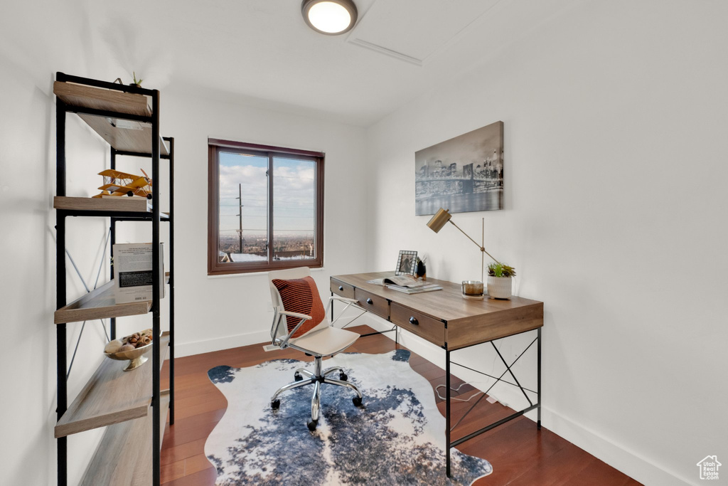 Office with dark hardwood / wood-style floors