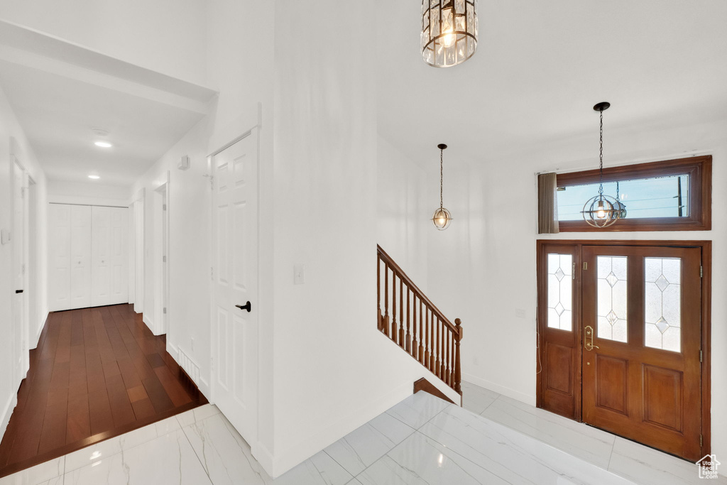 Entrance foyer with a chandelier