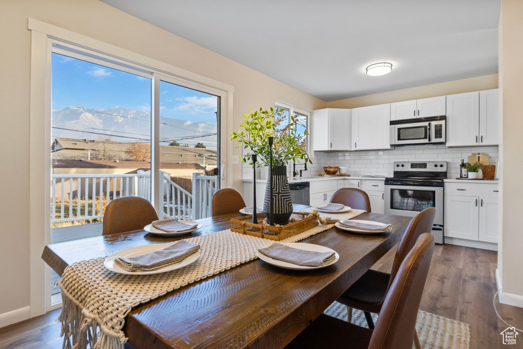 Dining area featuring sink and dark hardwood / wood-style floors