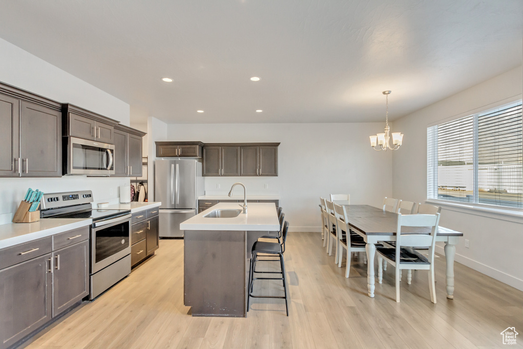 Kitchen with stainless steel appliances, a kitchen island with sink, sink, light hardwood / wood-style floors, and hanging light fixtures