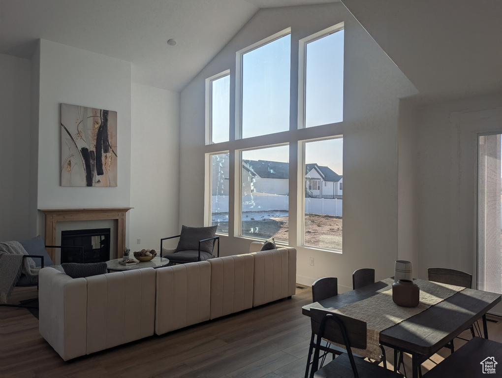 Living room with high vaulted ceiling and wood-type flooring