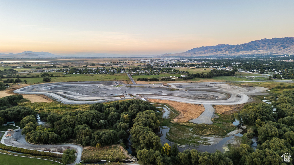 Aerial view at dusk with a mountain view