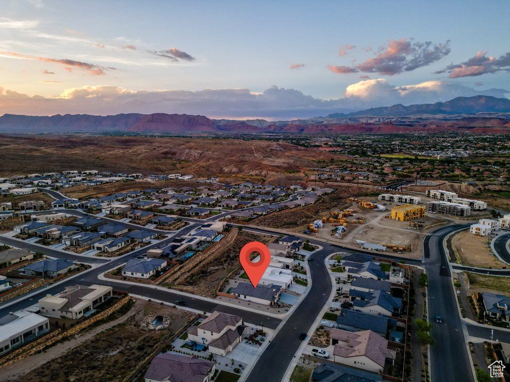 Aerial view at dusk with a mountain view