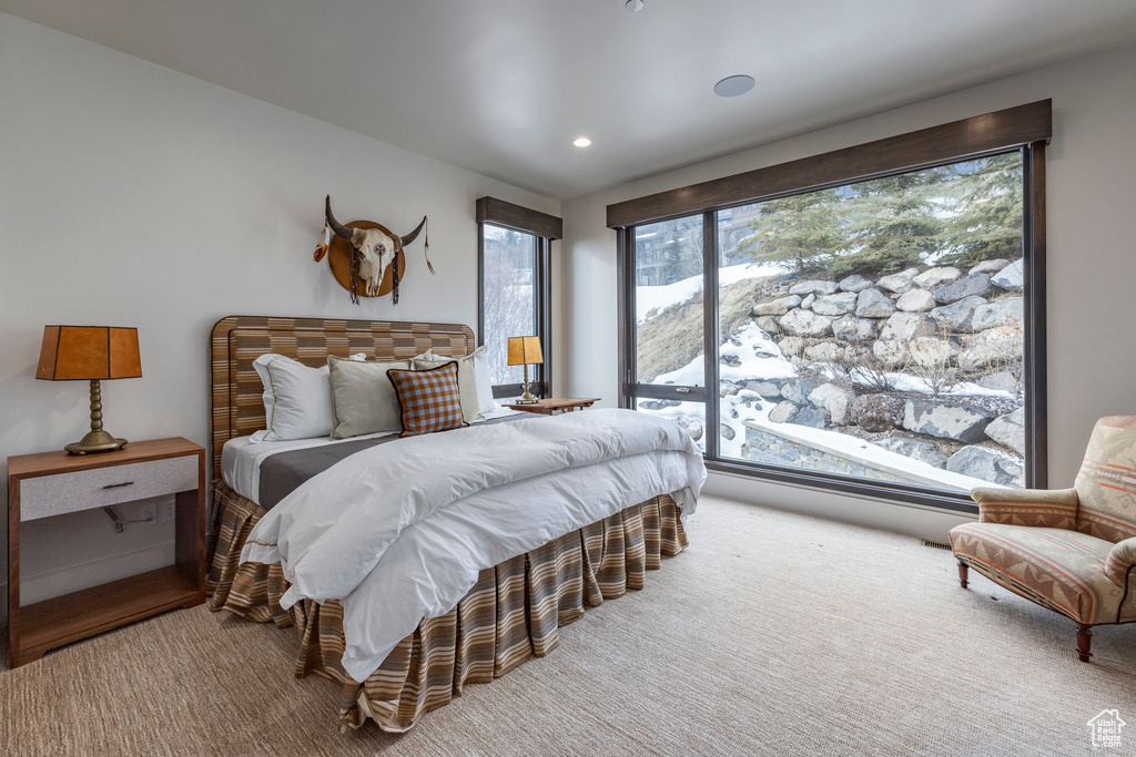 Carpeted bedroom featuring recessed lighting