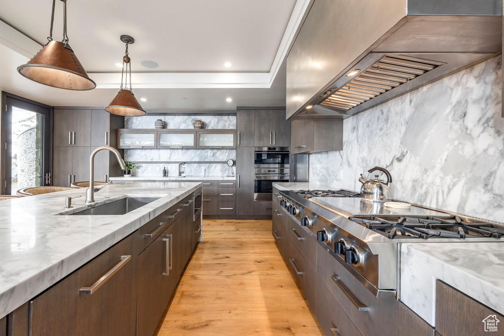 Kitchen featuring wall chimney range hood, appliances with stainless steel finishes, decorative backsplash, light wood-type flooring, and dark brown cabinets