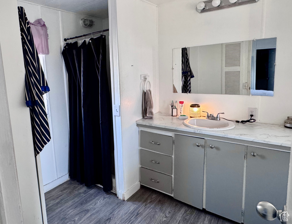 Bathroom featuring hardwood / wood-style floors and vanity