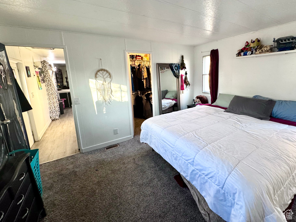 Bedroom with carpet flooring, a walk in closet, and a closet