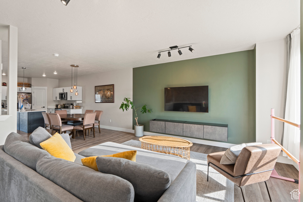 Living room with rail lighting and light hardwood / wood-style floors